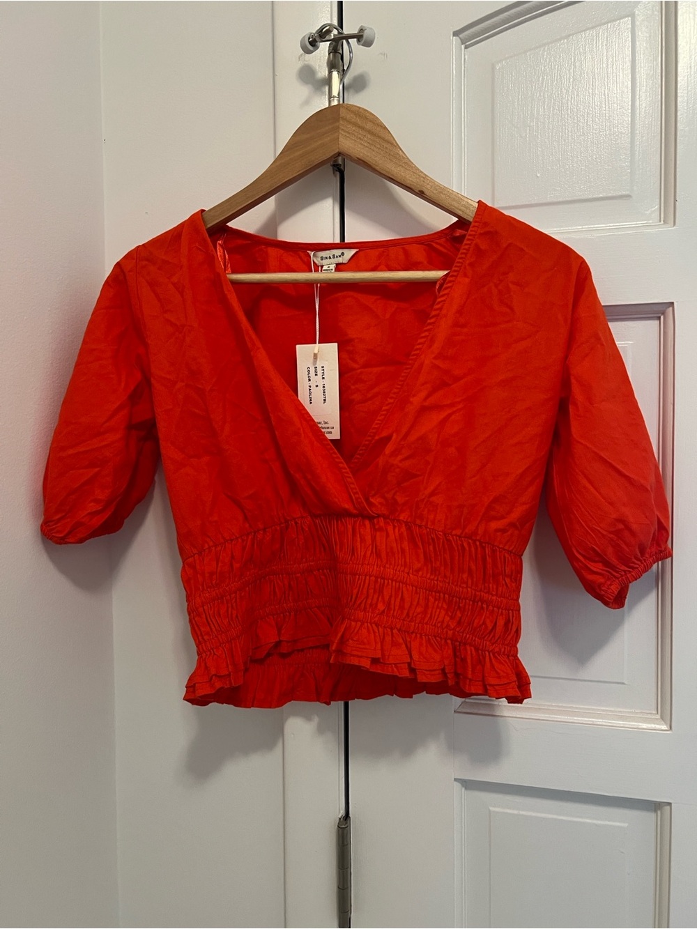 Smocked Waist V-Neck Red Blouse with Puff Sleeves